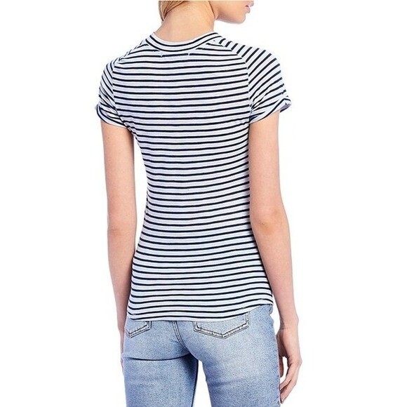 Free People blue top  Night Sky Stripe Knit Mock neck short sleeve tee size XS - Picture 8 of 8